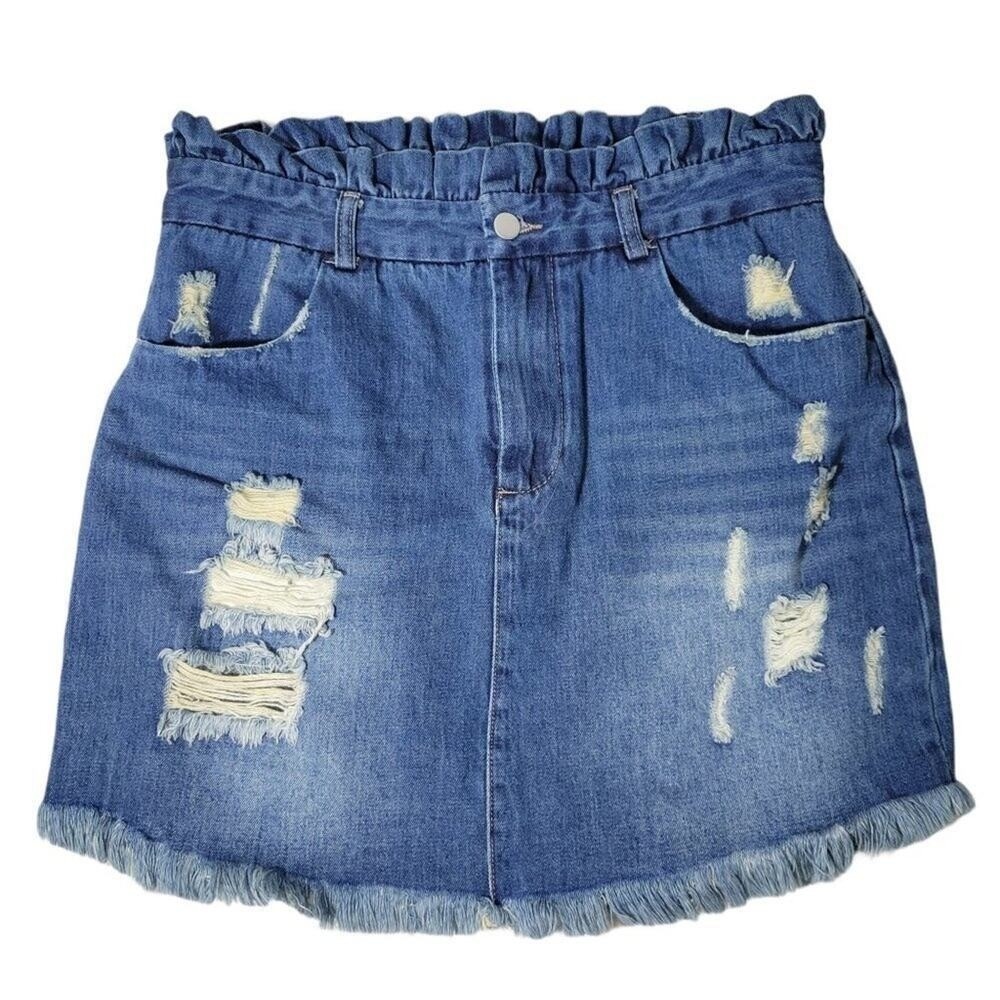 Hayden Los Angeles Denim Skirt Ruffle Waist Distressed Frayed‎ Hem Womens L